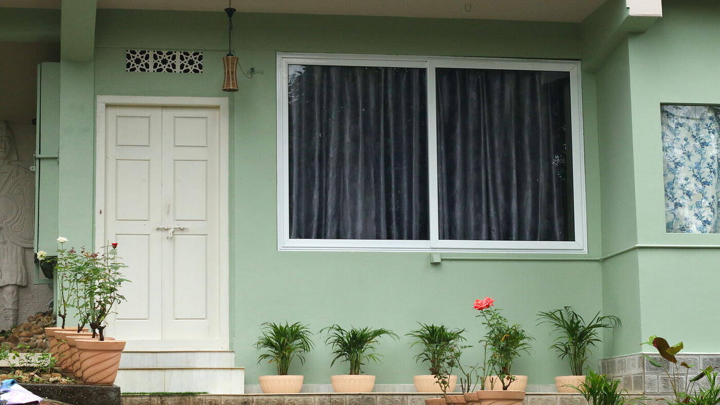 Green facade with potted plants
