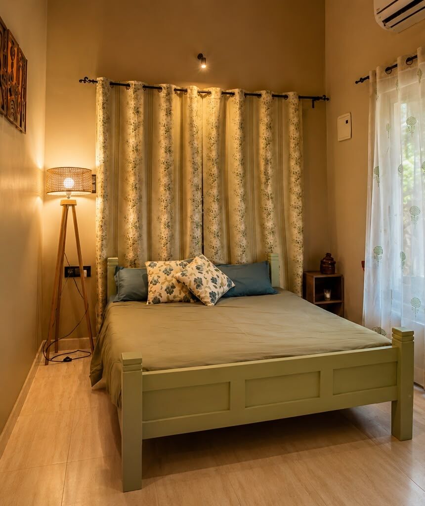 Olive-toned suite bedroom at The Shore Wellness